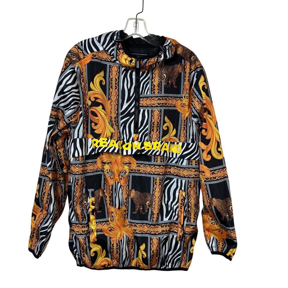 Reason Brand Mens Baroque Animal Print Quarter Zip Hooded Windbreaker Jacket M